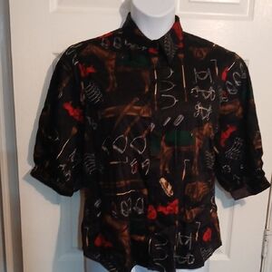 VINTAGE Ralph Lauren Equestrian Print Black Print Blouse. Sz. XL